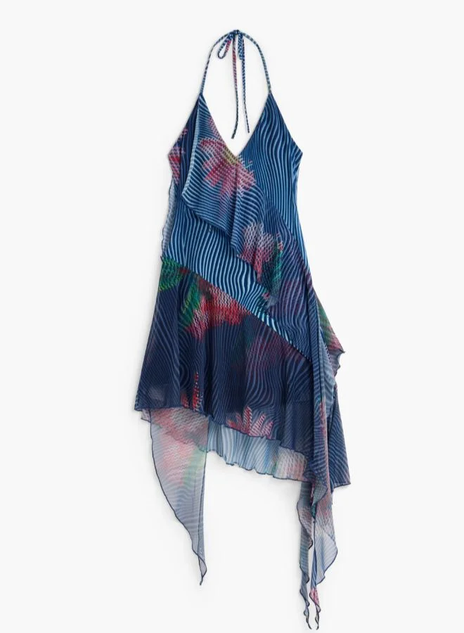 DESIGUAL blue floral Pixelated Ruffle Dress for Women | Best Price UAE
